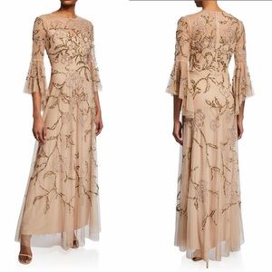Aidan Mattox beaded gold 3/4 ruffle bell sleeve long gown